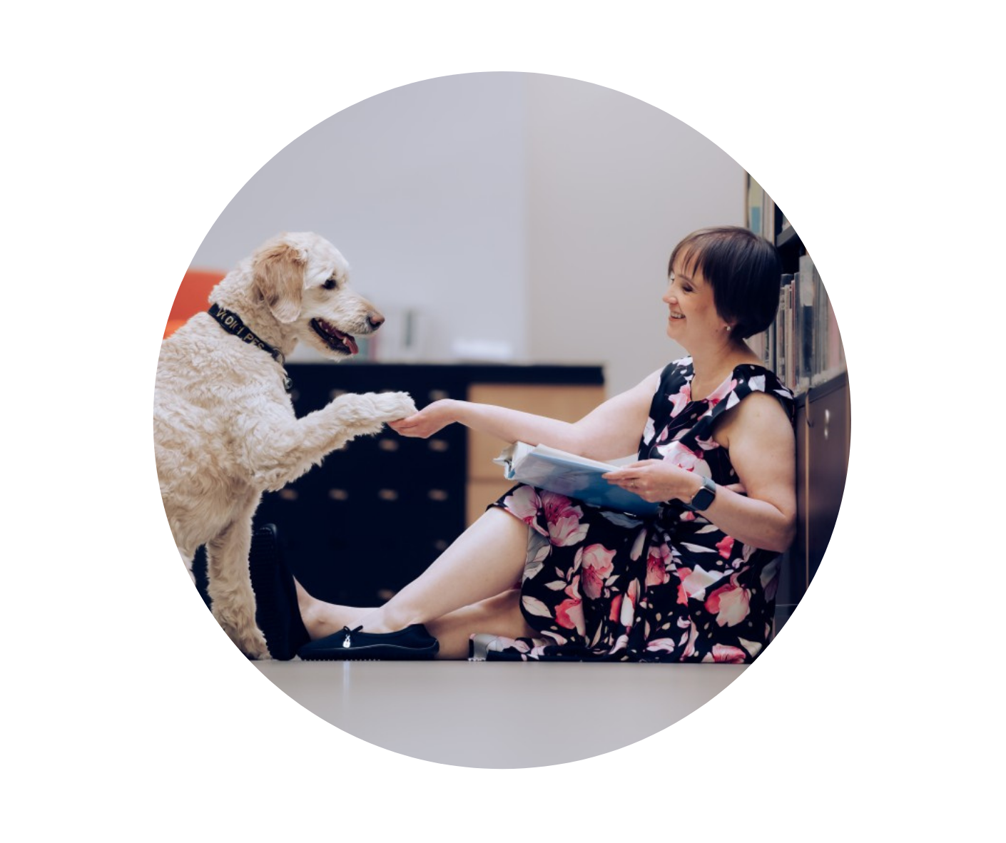 Anna Burdová sedí na zemi v knihovně mezi regály a na klíně má otevřenou knihu. Pře dní sedí fenka Dixie a dává pac.