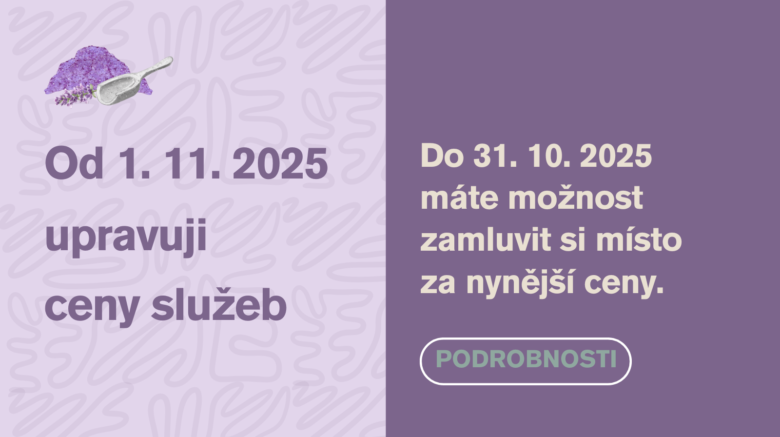 Banner s informací o zvýšení cen od 1. listopadu 2025.