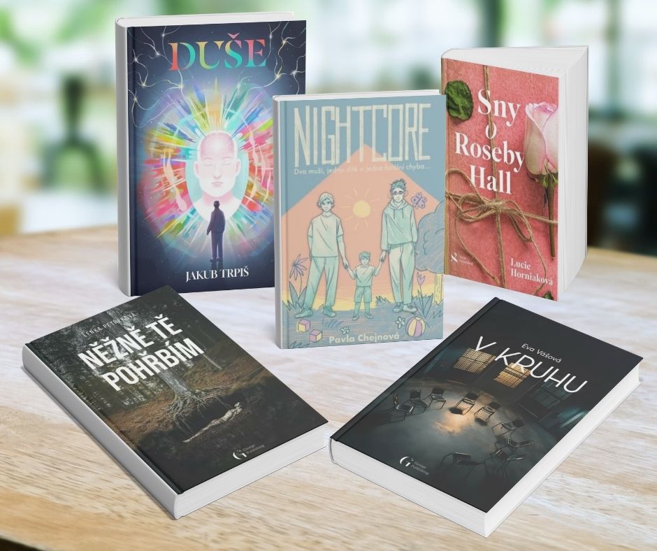 Knihy, které vyšly v roce 2025 za podpory literárního mentoringu: V kruhu, Něžně tě pohřbím, Nightcore, Duše, Sny o Roseby Hall.