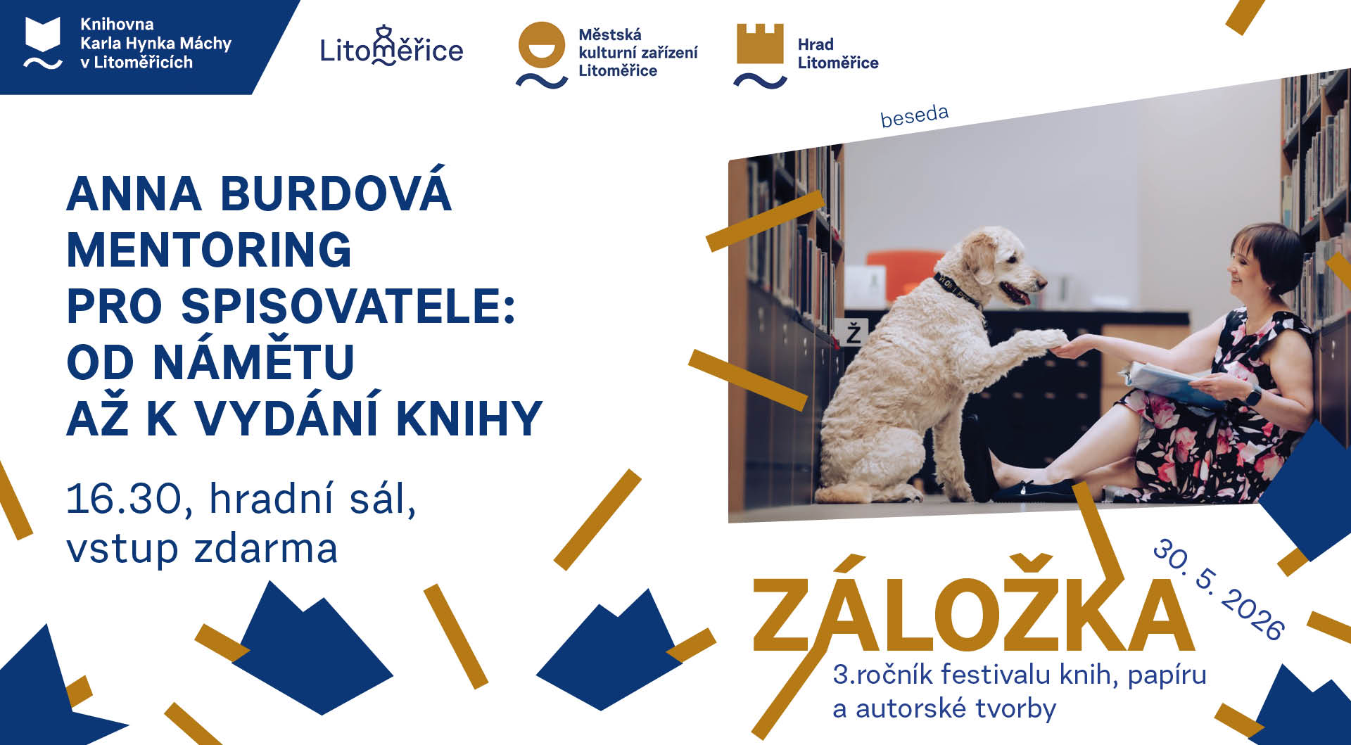 Banner - pozvánka na prezentaci literárního mentoringu v rámci doprovodného programu na knižním festivalu ZÁLOŽKA 2026.